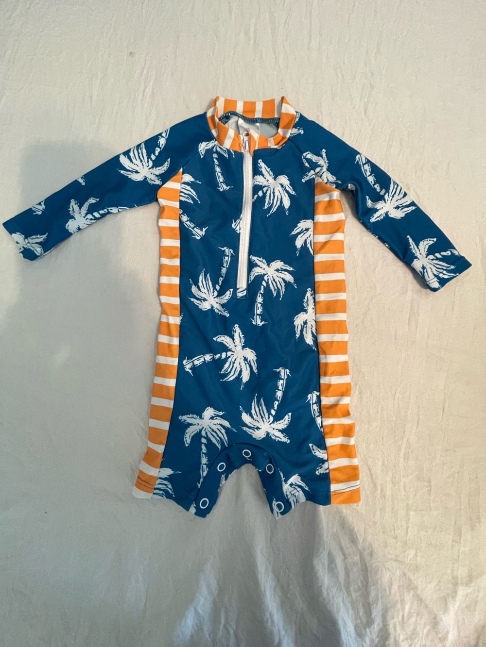 Long-Sleeve Blue & Orange Palm-Print Kids Rashguard One-Piece